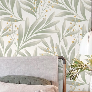 Tropical Wallpaper Peel and Stick | Elegant Green Wallpaper for Living Room | Modern Leaves Traditional Non-Woven Wallpaper | LEA39