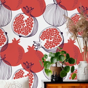 Fruits & Vegetables Wallpaper Peel and Stick | Fun Red Wallpaper for Kitchen | Modern Pomegranate Traditional Non-Woven Wallpaper | FV01