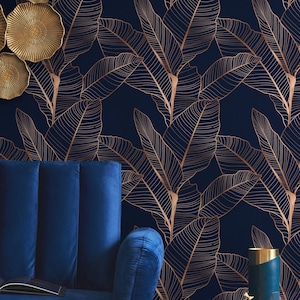 Gold leaves Wallpaper, Blue Peel&Stick and Traditional Wallpaper, Removable and Renter friendly Wall Decor, Leaves Wall Art, Self Adhesive.