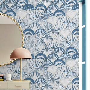 Blue Ikat wallpaper ,Peel&Stick and Traditional Wallpaper, Removable and Renter friendly Wall Decor, Leaves Wall Art, Self Adhesive. image 2