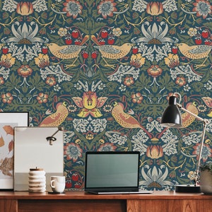 Botanical Wallpaper Peel and Stick | William Morris Sage Wallpaper for Living Room | Art Nouveau Birds Non-Woven Wallpaper | WM13