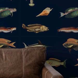 Papel pintado autoadhesivo náutico, diseño vintage de peces (apto para el baño)