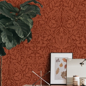 William Morris Tapete schälen und aufkleben | Elegante Rote Tapete für Wohnzimmer | Jugendstil Eichelblatt Vliestapete | WM01