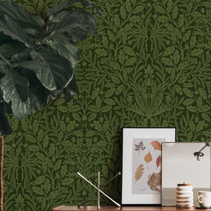 William Morris Wallpaper Peel and Stick / Elegante carta da parati verde per soggiorno / Carta da parati non tessuta Art Nouveau Acorn Leaf / WM03