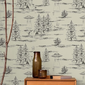 Skurrile Tapete schälen und aufkleben | Funky Beige Tapete für Wohnzimmer | Vintage Aliens im Wald traditionell Vliestapete | FR04