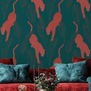 Tiere Tapete schälen und aufkleben | Türkis Tapete für Wohnzimmer | Abstrakte Leoparden Traditionelle Vlies Tapete | ANI23