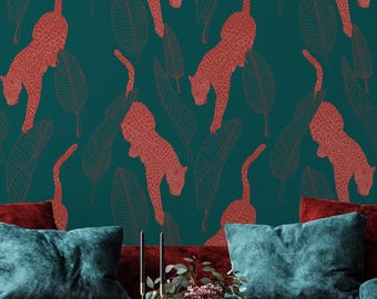 Animals Wallpaper Peel and Stick | Fun Teal Wallpaper for Living Room | Abstract Leopards Traditional Non-Woven Wallpaper | ANI23