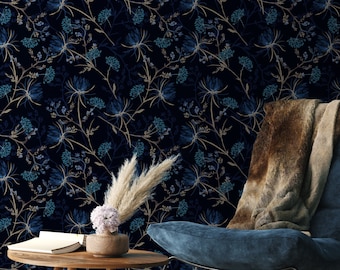 Dark floral Wallpaper,Peel&Stick and Traditional Wallpaper, Removable and Renter friendly Wall Decor, Dark botanical Design, Self Adhesive.