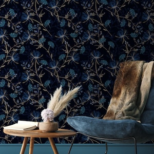 Dark floral Wallpaper,Peel&Stick and Traditional Wallpaper, Removable and Renter friendly Wall Decor, Dark botanical Design, Self Adhesive.