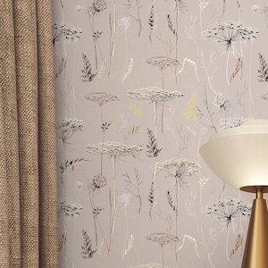 Botanical & Floral Wallpaper Peel and Stick | Neutral Beige Wallpaper for Bedroom | Simple Meadow Flowers Traditional Wallpaper | FLO41