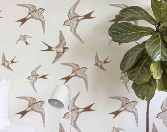 Beige swallow Wallpaper,Peel&Stick and Traditional Wallpaper, Removable and Renter friendly Wall Decor, Safari Design, Self Adhesive.