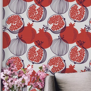 Peel and Stick wallpaper pomegranate, Traditional Wallpaper, Removable and Renter friendly Wall Decor, Fruit wallpaper, Self Adhesive.