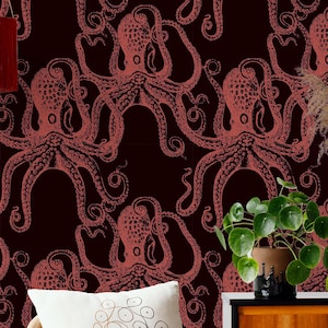 Oceanic & Nautical Wallpaper Peel and Stick | Dark Red Wallpaper for Bathroom | Modern Octopus Traditional Non-Woven Wallpaper | ANI28