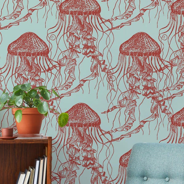 Red Jellyfish Wallpaper: Peel and Stick, Bathroom Friendly
