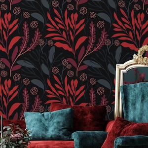Tapete mit dunklem Blumendekor schälen und aufkleben | mysteriöse dunkelrote Tapete fürs Schlafzimmer | Abstrakte Blumen Blätter Vliestapete | DF02