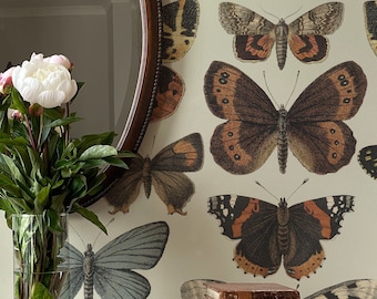 Beige vintage butterfly Wallpaper, Peel&Stick and Traditional Wallpaper, Removable and Renter friendly Wall Decor, Vintage, Self Adhesive.