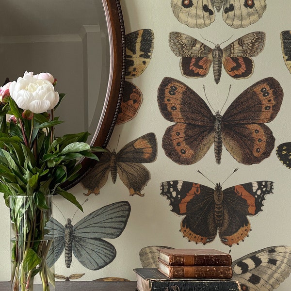 Beige vintage butterfly Wallpaper, Peel&Stick and Traditional Wallpaper, Removable and Renter friendly Wall Decor, Vintage, Self Adhesive.