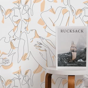 Abstract Body Line Art Wallpaper, Brown and White (Peel & Stick, Removable)
