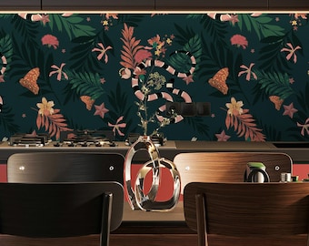 Jungle Wallpaper Peel and Stick | Mysterious Green Wallpaper for Bathroom | Modern Snakes in Leaves Traditional Non-Woven Wallpaper | ANI00