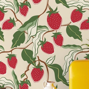 Strawberry Vines Wallpaper | Traditional Wallpaper | Removable and Renter friendly Wall Decor | Fruit wallpaper | Self Adhesive | FV14