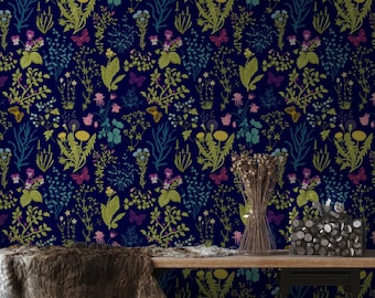 Dark Floral Wallpaper Peel and Stick | Elegant Navy Wallpaper for Living Room | Classic Fern Traditional Non-Woven Wallpaper | DF01