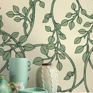 Carta da parati botanica e floreale staccabile e attaccabile / Carta da parati verde divertente per camera da letto / Carta da parati tradizionale non tessuta Modern Vines / LEA25