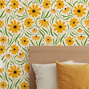 Botanical & Floral Wallpaper Peel and Stick | Cute Yellow Wallpaper for Bedroom | Farmhouse Sprig Flowers Non-Woven Wallpaper | FLO60