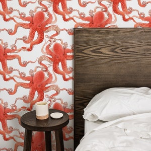 Octopus Wallpaper,Peel&Stick and Traditional Wallpaper, Removable and Renter friendly Wall Decor, Ocean Design, Self Adhesive.