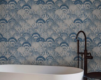 Blue Ikat wallpaper ,Peel&Stick and Traditional Wallpaper, Removable and Renter friendly Wall Decor, Leaves Wall Art, Self Adhesive.