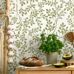 Kitchen green wallpaper, Peel&Stick and Traditional Wallpaper, Removable and Renter friendly Wall Decor, Botanical wallpaper, Self Adhesive.