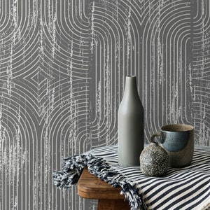 Carta da parati astratta staccabile e attaccabile / Carta da parati grigia carina per soggiorno / Carta da parati non tessuta con linee geometriche scandinave / ABS23