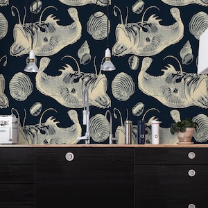 Oceanic & Nautical Wallpaper Peel and Stick | Mysterious Navy Wallpaper for Living Room | Modern Fishes Traditional Wallpaper | ANI29