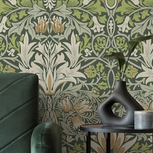 William Morris Wallpaper Peel and Stick | Elegant Green Wallpaper for Bedroom | Art Nouveau Green Snakeshead  Non-Woven Wallpaper | WM22