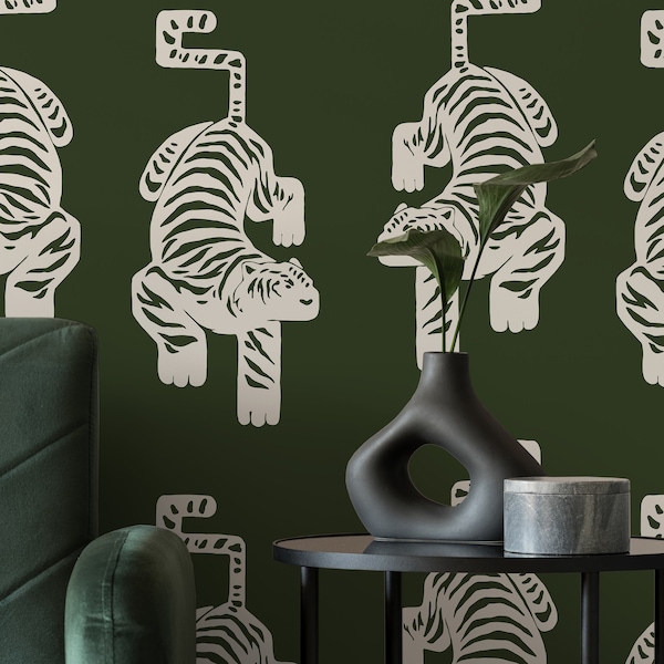 Abstract Olive green Tiger, Peel&Stick and Traditional Wallpaper, Removable and Renter Friendly Wall Decor, Safari Design, Self Adhesive.