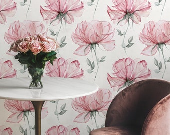 Large pink peonies Wallpaper | Peel&Stick and Traditional Wallpaper | Removable and Renter friendly | Wall Decor Vintage | Vintage Design.