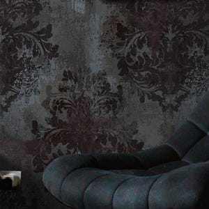 Vintage Wallpaper Peel and Stick | Moody Gray Wallpaper for Living Room | Grungy Dark Damask Traditional Non-Woven Wallpaper | DM04