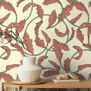 Florale Tapete schälen und aufkleben | Romantische orange Tapete für Wohnzimmer | Vintage Ranken Vliestapete | LEA26