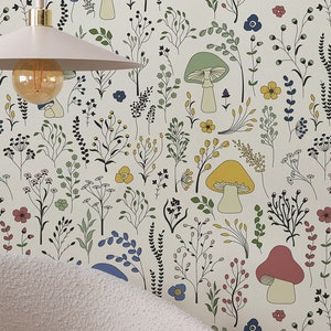 Forest mushroom Wallpaper, Peel&Stick and Traditional Wallpaper, Removable and Renter friendly Wall Decor, Woodland Design, Self Adhesive.