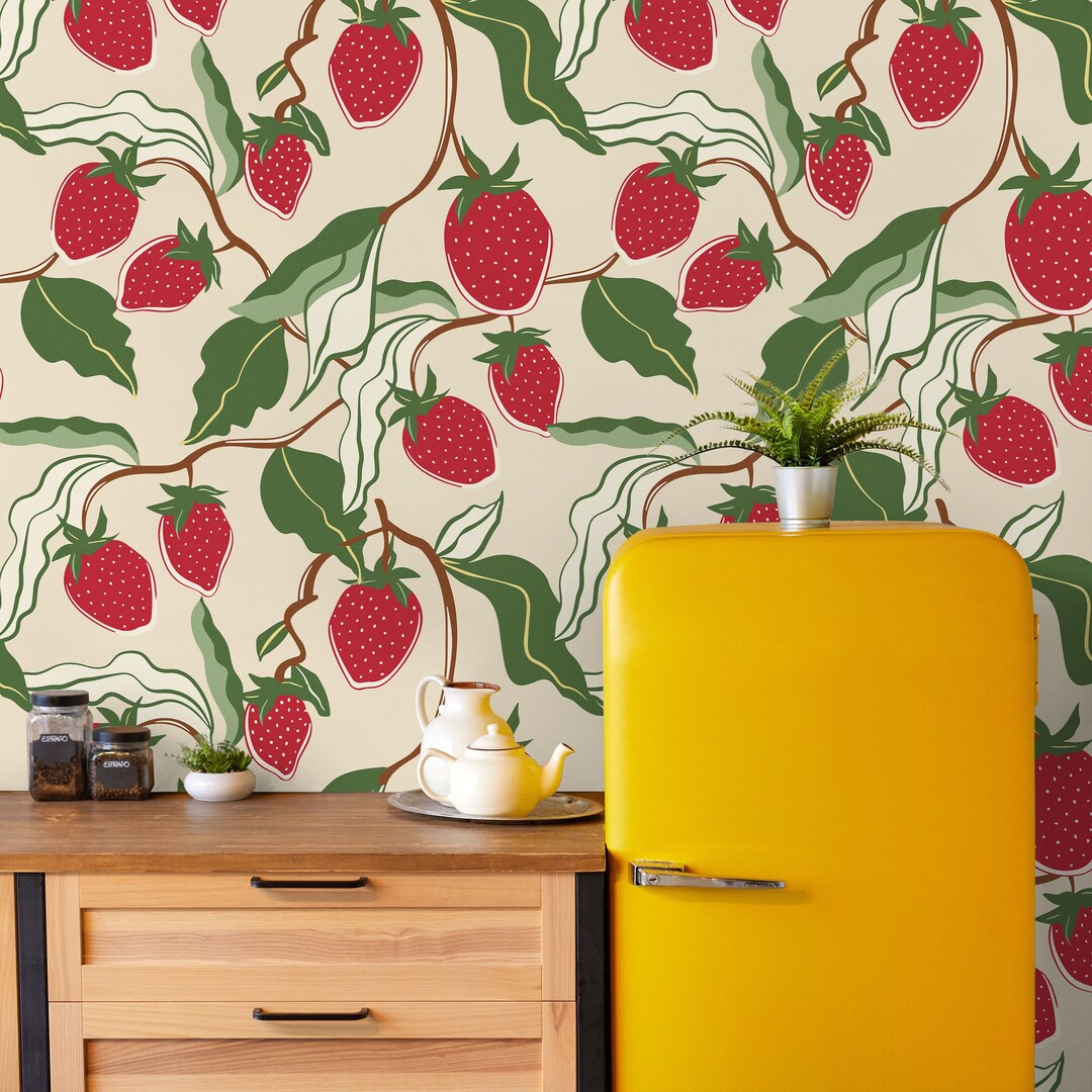 Strawberry Vines Peel and Stick Wallpaper (red Beige, Removable) - Etsy