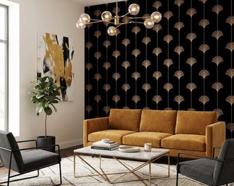 Art Deco Peel and Stick Wallpaper, Black and Gold (Removable)