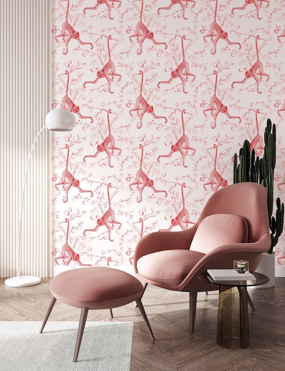 Monkey Jungle Wallpaper - Peel and Stick, Red Kids Pattern
