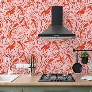 Fruits & Vegetables Wallpaper Peel and Stick | Playful Red Wallpaper for Kitchen | Modern Strawberry Drawing Non-Woven Wallpaper | FV15