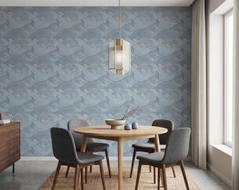 Blue Waves Wall Decor: Japanese Peel and Stick Wallpaper (Removable)