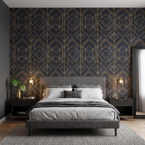 Decoração de parede Art Déco: Papel de parede geométrico preto e dourado (autoadesivo)
