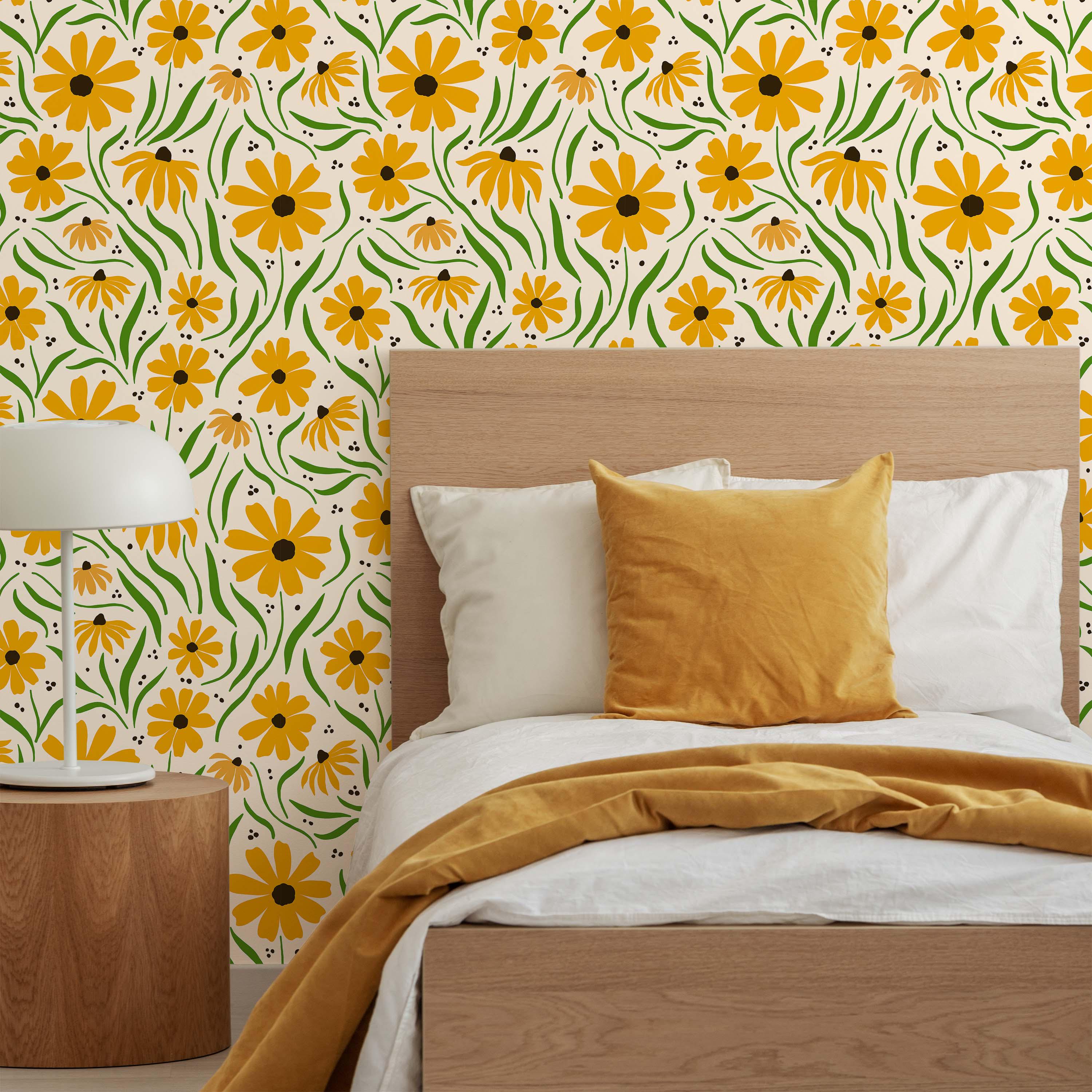 Botanical & Floral Wallpaper Peel and Stick | Cute Yellow Wallpaper for Bedroom | Farmhouse Sprig Flowers Non-Woven Wallpaper | FLO60
