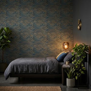 Japanese Peel and Stick Wallpaper, Gold Blue Waves (Removable, PVC-Free) image 3