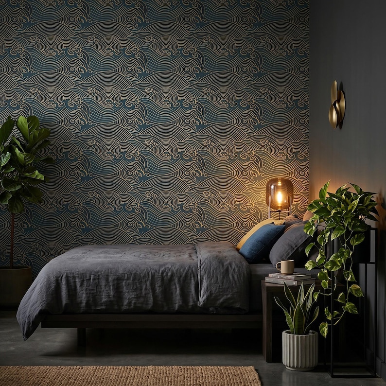Japanese Peel and Stick Wallpaper, Gold Blue Waves (Removable, PVC-Free) image 3