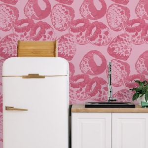 Fruits & Vegetables Wallpaper Peel and Stick | Playful Pink Wallpaper for Kitchen | Modern Raspberries Non-Woven Wallpaper | FV03
