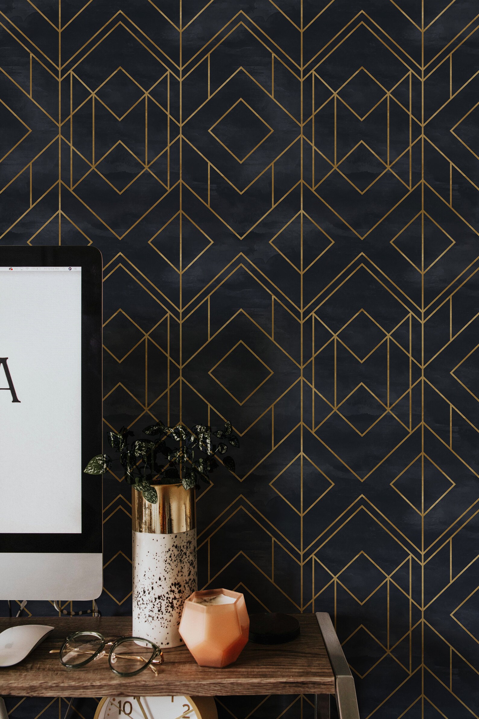 Navy Art Deco Wallpaper Peel&stick and Traditional Wallpaper Etsy