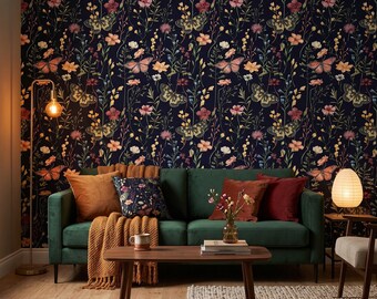 Midnight Garden Wallpaper: Black Floral Peel & Stick (Removable, Eco-Friendly)